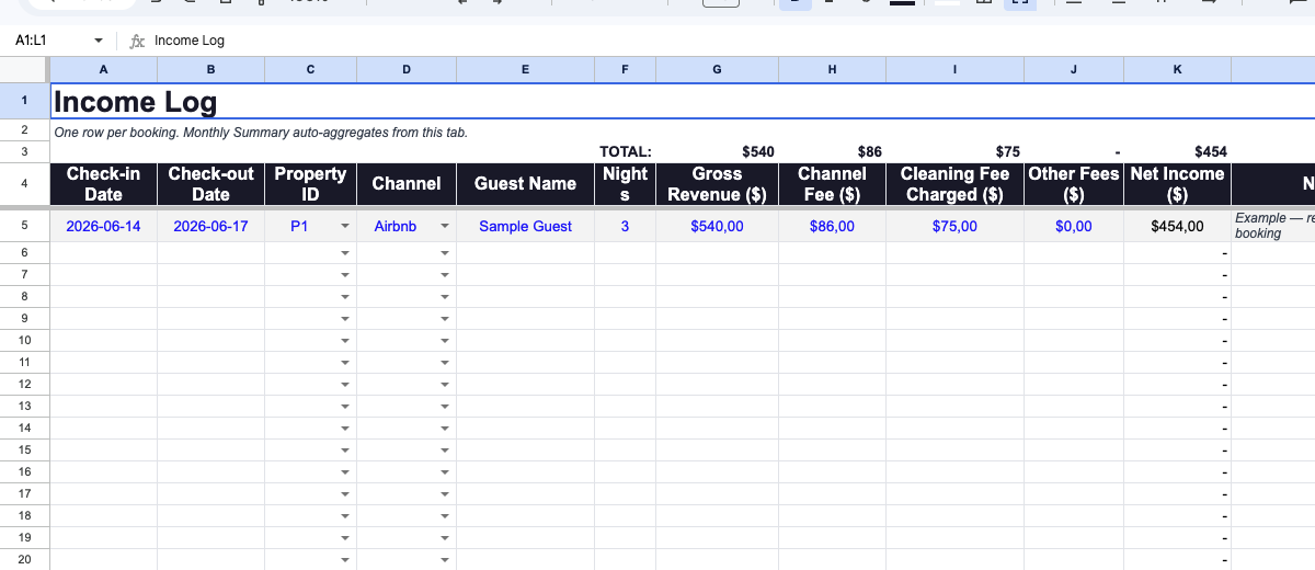 Income Log tab — booking log with check-in, check-out, property ID, channel, gross revenue and net income columns